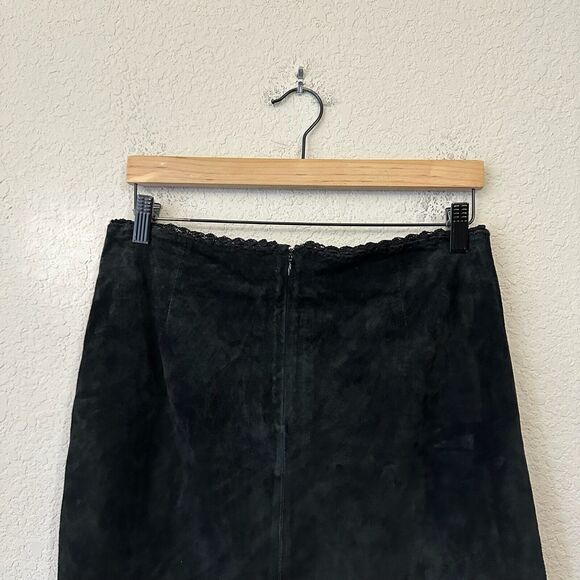 SAO PAULO Suede Midi Skirt Black Crochet Trim Retro Gothic 90s - Picture 4 of 11